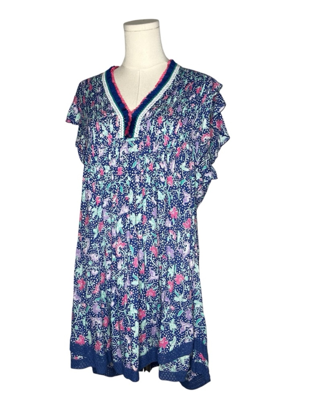 NEW Poupette St Barth Floral Lace Trim Sasha Mini Dress in Blue Clary Boho Chic - Picture 2 of 11